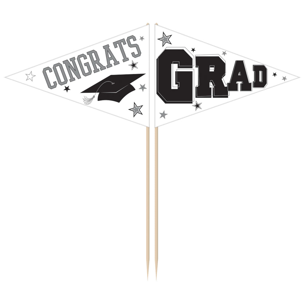 Graduation-themed party flags with 'Congrats Grad' text on a white background