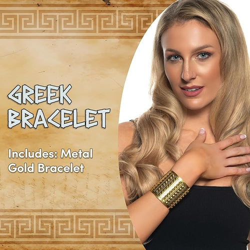 Woman wearing a gold bracelet with Greek design elements on a wooden background