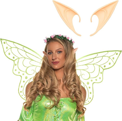 Person in fairy costume with wings and ears on a white background
