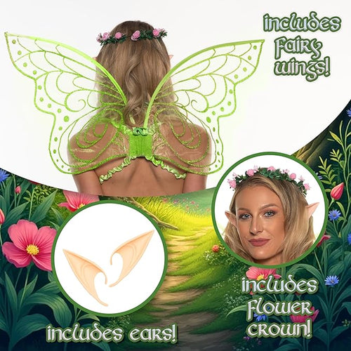 Product packaging for fairy costume with wings and flower crown, set against a nature-themed background.