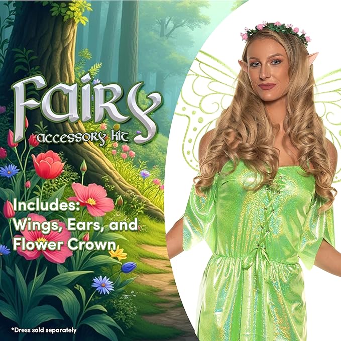 Promotional image of fairy accessories with a fairy in a green dress and flower crown.