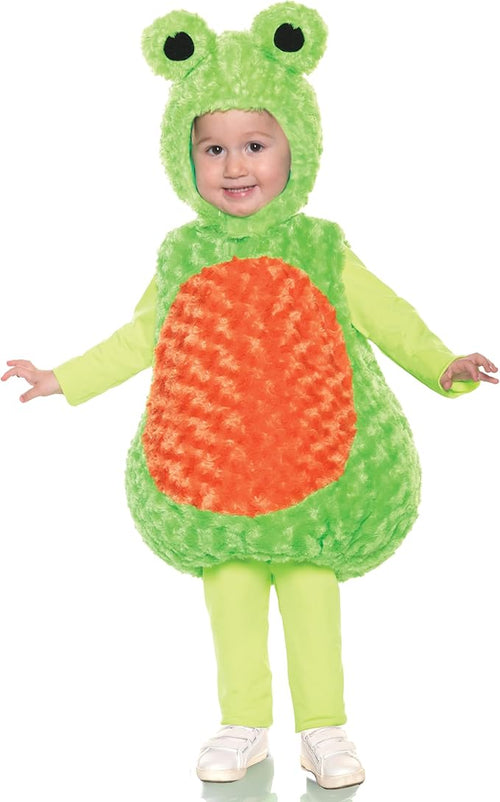 Child wearing a green frog costume with an orange belly on a white background