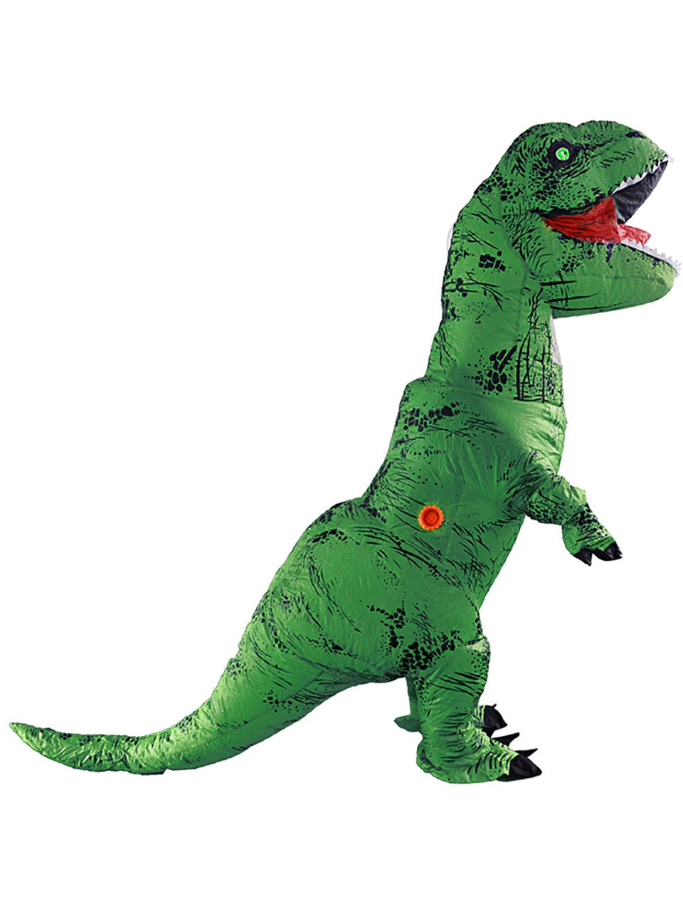 Green inflatable dinosaur costume on a white background