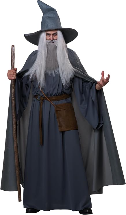 A wizard costume featuring a long gray robe, pointed gray hat, long white beard, brown belt pouch, and a wooden staff, shown on a white background.