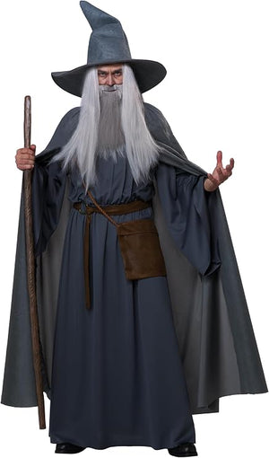 A wizard costume featuring a long gray robe, pointed gray hat, long white beard, brown belt pouch, and a wooden staff, shown on a white background.
