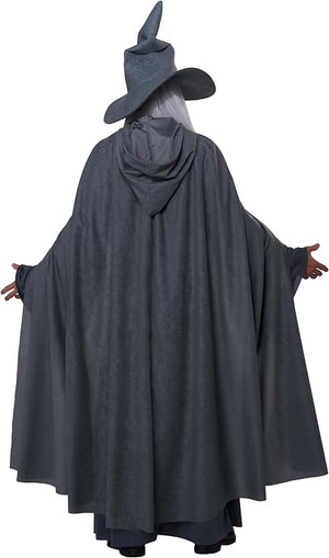 A person wearing a dark gray wizard costume, viewed from the back. The costume includes a pointed wizard hat, a long draped cape, and a long gray wig.