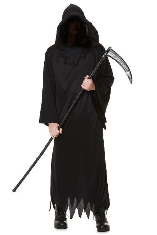 Person wearing a black hooded robe with a scythe on a white background