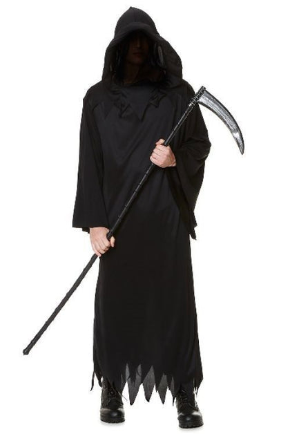 Person wearing a black hooded robe with a scythe on a white background