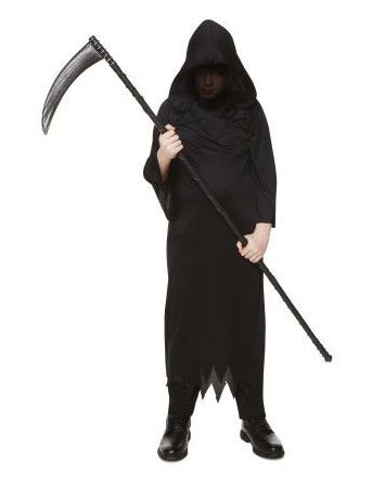 Person wearing a black hooded costume holding a scythe on a white background
