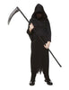 Person wearing a black hooded costume holding a scythe on a white background