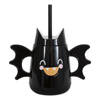 Black bat-shaped tumbler with a straw and smiley face design.