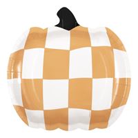 Pumpkin with a checkered pattern in orange and white on a plain background