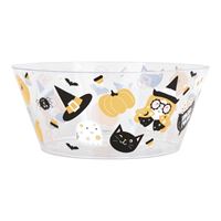 Clear bowl with Halloween-themed design featuring cats, pumpkins, and witches' hats on a white background.