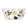 Clear bowl with Halloween-themed design featuring cats, pumpkins, and witches' hats on a white background.