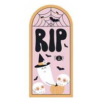 Halloween-themed sign with 'RIP' and ghost in a coffin design on a pink background.