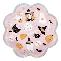 Decorative paper plate with cat-themed design on a pink background