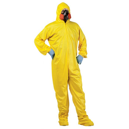 Person wearing a yellow protective suit with gloves and mask on a white background