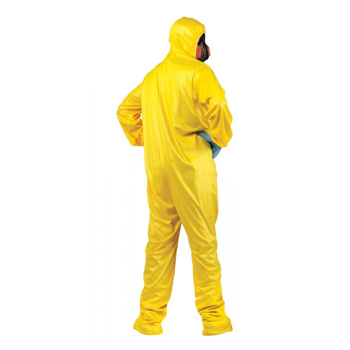 Person wearing a yellow protective suit on a white background