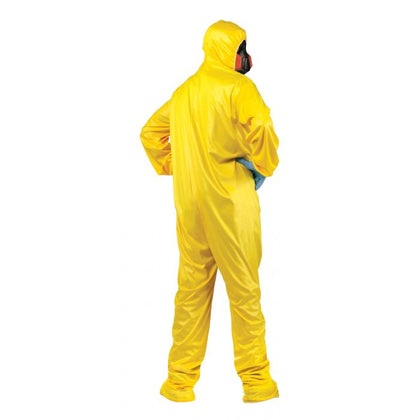 Person wearing a yellow protective suit on a white background