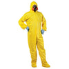 Person wearing a yellow protective suit with gloves and mask on a white background