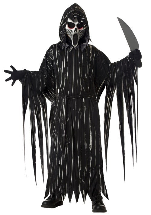 Halloween costume of a grim reaper with a black robe and mask on a white background