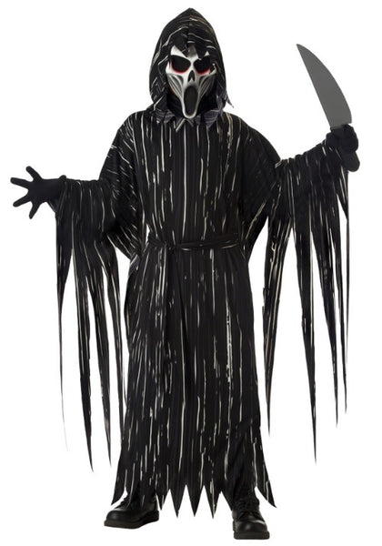 Halloween costume of a grim reaper with a black robe and mask on a white background