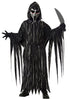 Halloween costume of a grim reaper with a black robe and mask on a white background