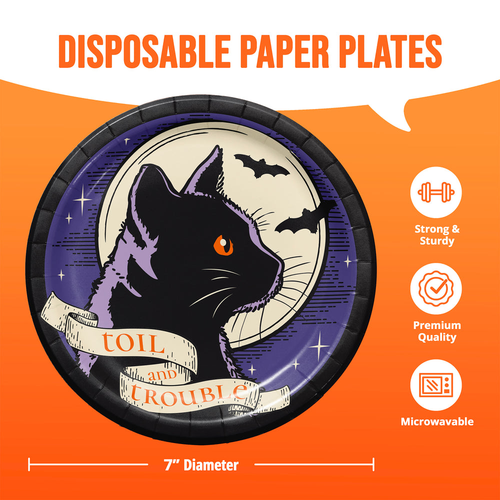 Halloween-themed disposable paper plate with a black cat illustration, orange eyes, bats, stars, and a banner reading 'TOIL and TROUBLE' on an orange background with product text and icons.