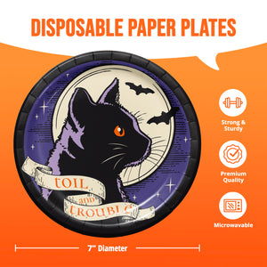 Halloween-themed disposable paper plate with a black cat illustration, orange eyes, bats, stars, and a banner reading 'TOIL and TROUBLE' on an orange background with product text and icons.