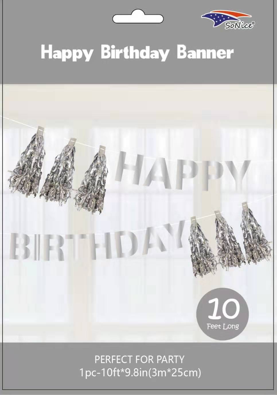 Happy Birthday Banner with Tassel | Silver