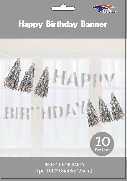 Happy Birthday Banner with Tassel | Silver