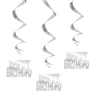 Silver birthday party decorations with text on a white background