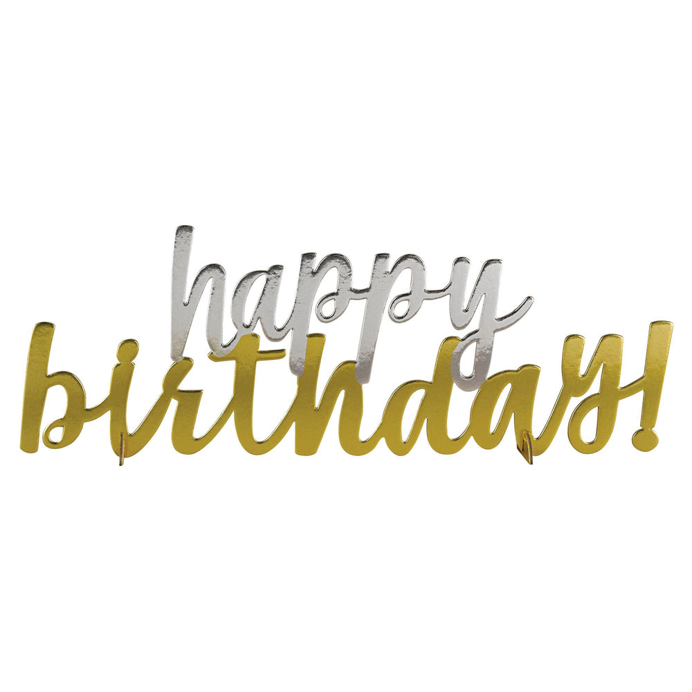 Gold and silver 'happy birthday!' banner on a white background