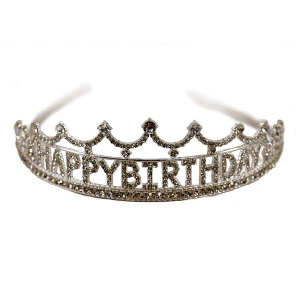 Silver tiara with 'HAPPY BIRTHDAY' text on a white background