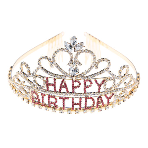 Gold tiara with 'Happy Birthday' text on a white background