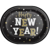 Black paper plate with 'Happy New Year!' text in gold and white on a white background