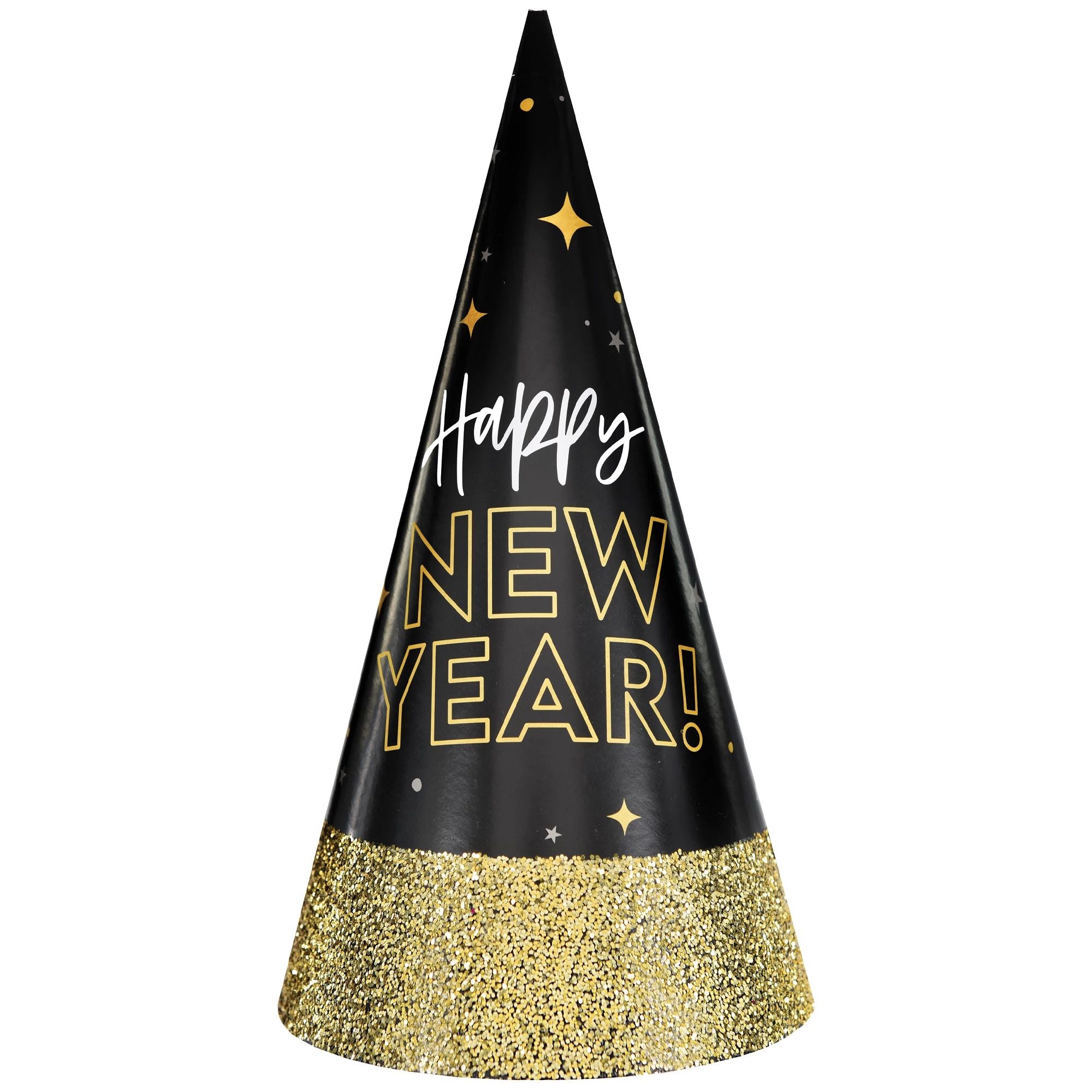 Black party hat with 'Happy New Year!' text and gold glitter base on a white background