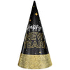 Black party hat with 'Happy New Year!' text and gold glitter base on a white background