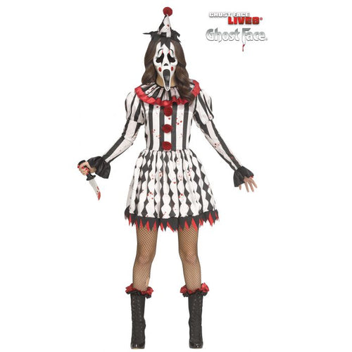 Halloween clown costume with black and white striped dress, red accents, and a mask on a white background.