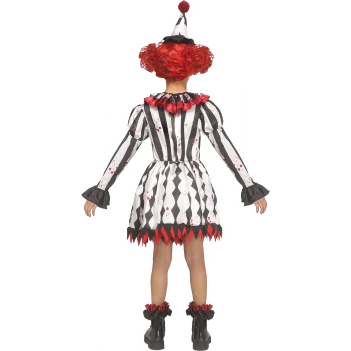 A child model shown from the back wearing a horror clown costume with a black and white harlequin pattern, red blood splatters, a red pom-pom hat, and red-and-black ruffled boots against a plain white background.