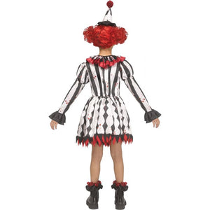 A child model shown from the back wearing a horror clown costume with a black and white harlequin pattern, red blood splatters, a red pom-pom hat, and red-and-black ruffled boots against a plain white background.