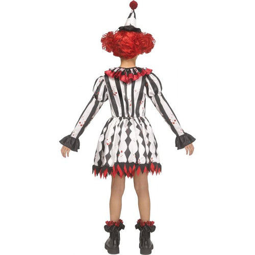 A child model shown from the back wearing a horror clown costume with a black and white harlequin pattern, red blood splatters, a red pom-pom hat, and red-and-black ruffled boots against a plain white background.