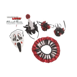 A Ghostface-themed costume accessory set from GHOSTFACE LIVES, featuring a white Ghostface mask with black and red details, a black and white jester hat with a red pom-pom, two black and red flower headbands, and a red and black ruffled collar, all displayed on a clean white background.