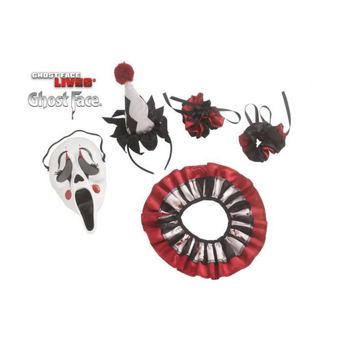 A Ghostface-themed costume accessory set from GHOSTFACE LIVES, featuring a white Ghostface mask with black and red details, a black and white jester hat with a red pom-pom, two black and red flower headbands, and a red and black ruffled collar, all displayed on a clean white background.