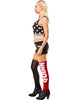 Woman wearing a black and white sports bra with star pattern, black shorts, and red and black leggings with 'Puddin' logo on a white background.