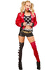 Person wearing a red jacket, black boots, and a black and white top with 'Harley Quinn' branding on a white background.