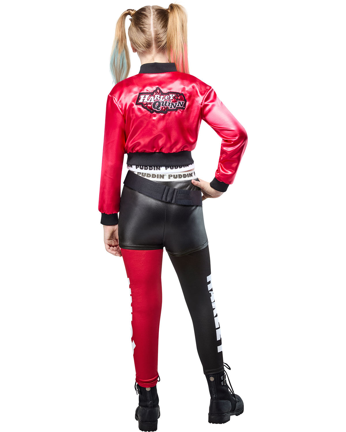 Person wearing a red and black outfit with 'Harley Quinn' branding on a white background