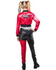 Person wearing a red and black outfit with 'Harley Quinn' branding on a white background