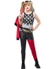 Person wearing a costume with a star-patterned top and black and red pants on a white background
