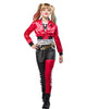 Person wearing a red and black costume with 'Harley Quinn' branding on a white background